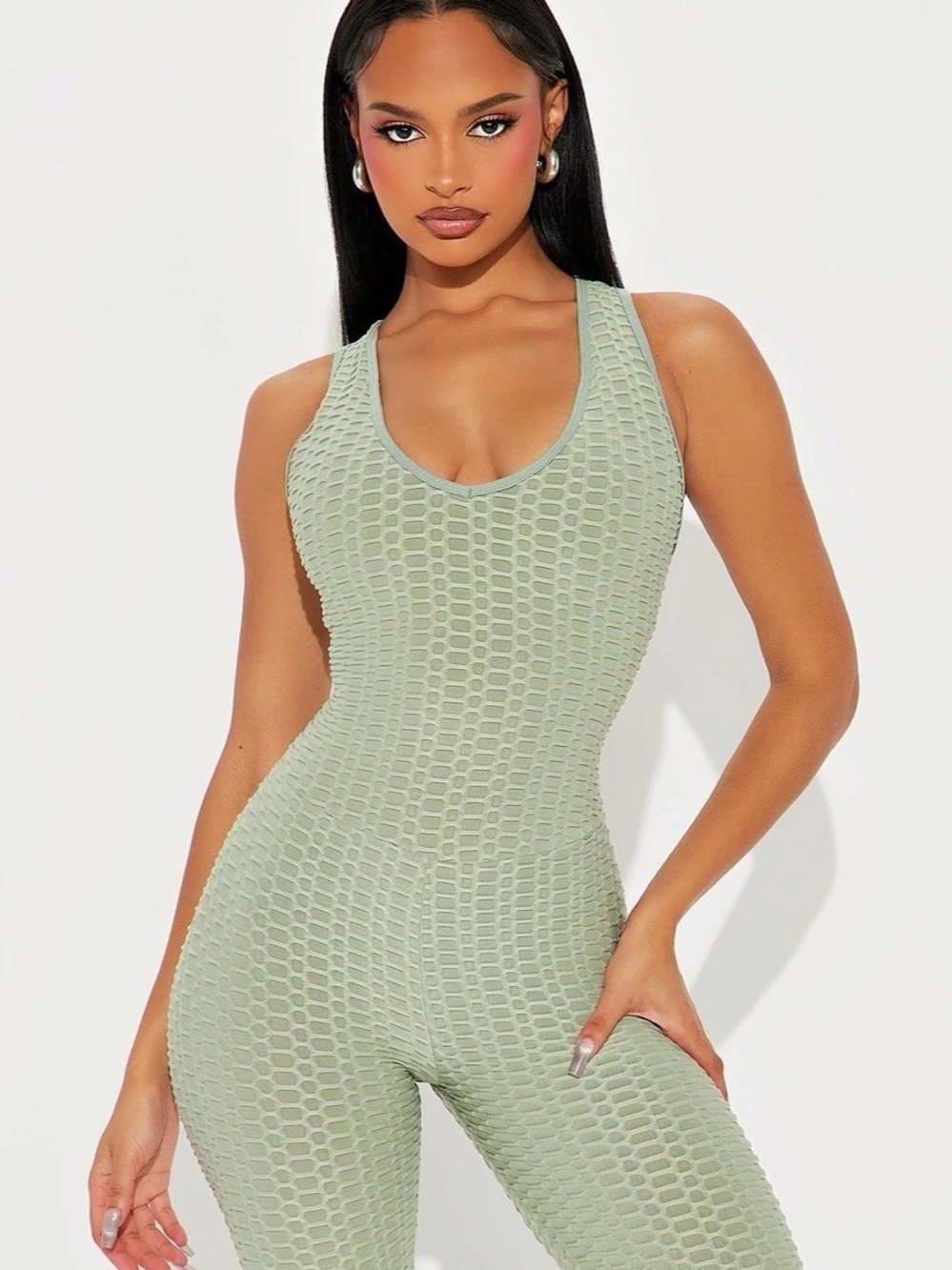 SOCIETY Textured Open Back Jumpsuit in Green